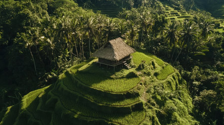 Experience the beauty of lush green rice terraces with a traditional hut nestled among palm trees. This serene aerial view captures the tranquility of rural agriculture in a tropical landscape.の素材