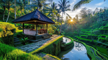 Capture the essence of tranquility in this stunning rice terrace landscape at sunset, featuring lush greenery, a rustic pavilion, and palm trees.の素材