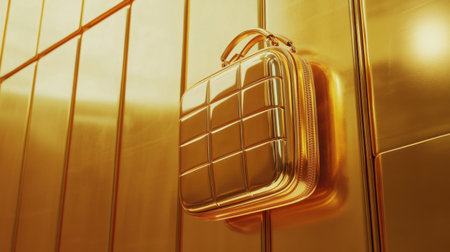 This stunning image features a golden briefcase against a striking gold backdrop, representing luxury and modern design. Ideal for branding and advertising.の素材