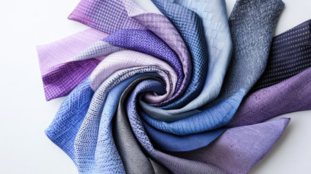 Explore a captivating array of fabric swatches featuring rich shades of blue and purple. Perfect for fashion and textile design, this artistic display highlights diverse patterns and textures.の素材