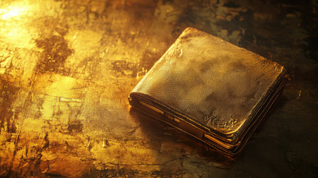 A stunning golden wallet rests on a shimmering golden surface, showcasing intricate textures and reflections that evoke luxury and sophistication.の素材