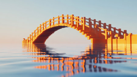 A tranquil scene showcasing a wooden bridge gracefully arching over calm water at sunrise, reflecting soft light and gentle ripples.の素材
