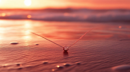 A stunning necklace rests on the wet sand at sunset, capturing warm hues and gentle ocean waves. This serene scene reflects tranquility and beauty.の素材