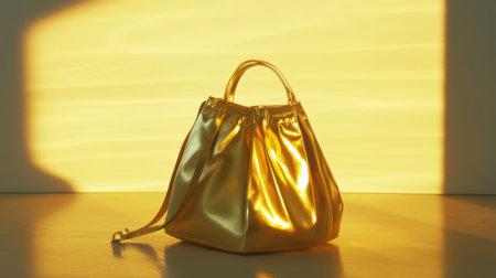 This striking golden handbag features a glossy finish that catches the warm light beautifully, creating a stunning visual effect perfect for fashion enthusiasts.の素材