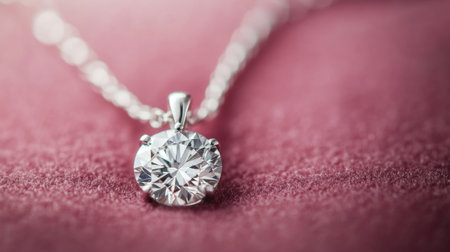 This stunning close-up image features an elegant diamond pendant necklace resting on a soft velvet background, highlighting the intricate craftsmanship and luxurious appeal.の素材