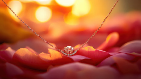 Captivating heart-shaped pendant necklace resting on vibrant rose petals, creating a romantic and luxurious atmosphere, ideal for special occasions.の素材