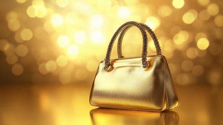 A striking golden handbag with a chic chain strap, set against a dazzling, shimmering background. Perfect for fashion and accessory presentations.の素材