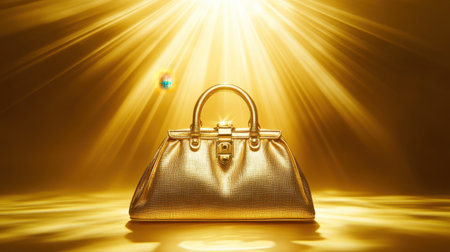 This stunning image features a luxurious gold handbag illuminated by radiant light, showcasing its elegant design perfect for fashion-forward imagery and promotions.の素材