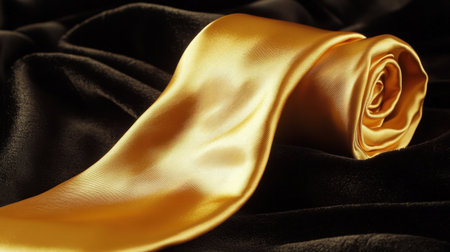 This stunning image features an elegant golden satin ribbon delicately rolled on luxurious black velvet fabric, perfect for various creative design projects or event decorations.の素材