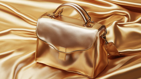 This exquisite gold handbag rests elegantly on a silky satin background, epitomizing luxury and sophistication for fashion-centered projects.の素材