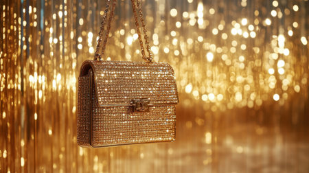 This stunning image showcases an elegant gold handbag adorned with shimmering rhinestones, set against a mesmerizing golden backdrop, perfect for fashion and luxury themes.の素材