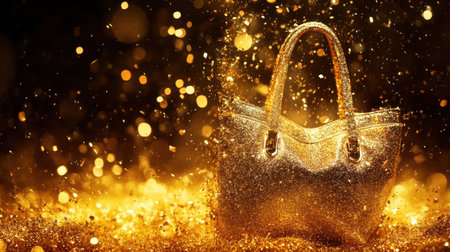 This stunning image showcases a luxurious gold handbag immersed in sparkling golden particles, creating a glamorous and elegant atmosphere perfect for fashion promotions.の素材