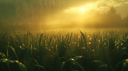 This enchanting scene captures a lush green grass field under a gentle rain, illuminated by warm golden sunlight. A peaceful moment in nature.の素材