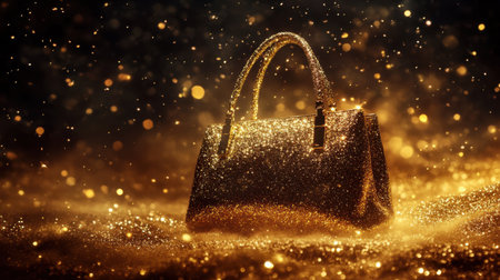 An artistic depiction of a stylish handbag encased in shimmering golden particles, creating a mesmerizing and luxurious ambiance, perfect for fashion themes.の素材