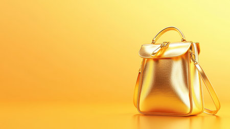 A stunning gold backpack showcasing sleek design and smooth texture, set against a bright yellow background, ideal for fashion and accessory projects.の素材