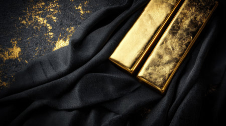 Stunning gold bars rest on soft black fabric, surrounded by sparkling gold dust. This image epitomizes luxury and success, ideal for financial themes.の素材