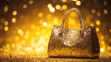 A stunning gold handbag glistens with glitter against a mesmerizing shimmering background. This image captures the essence of elegance and luxury in fashion.の素材