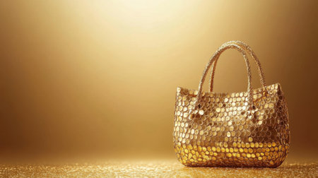 This stunning image features an elegant golden handbag set against a radiant gold background, capturing the essence of luxury and style. Perfect for fashion-related themes.の素材