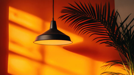 A modern pendant lamp casts a soft glow against a vibrant orange wall while a lush palm frond adds a touch of nature, creating an inviting atmosphere.の素材
