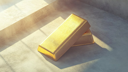 Two gleaming gold bars rest on a clean surface, bathed in soft light and soft shadows, creating an elegant atmosphere ideal for luxury themes.の素材