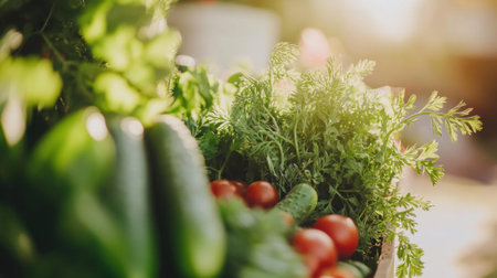 This image captures a beautiful assortment of fresh organic vegetables, including cucumbers, tomatoes, and carrots, bathed in warm sunlight, ideal for promoting a healthy lifestyle.の素材