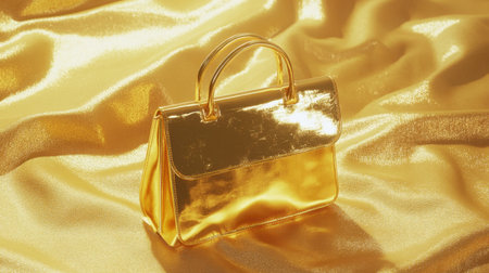 A stunning golden handbag showcasing a sleek design and shiny finish, perfect for adding a touch of elegance to any outfit or occasion.の素材