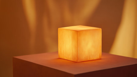 A modern cube lamp emanates a soft, warm glow, creating a tranquil atmosphere in an elegant interior space with contemporary decor.の素材