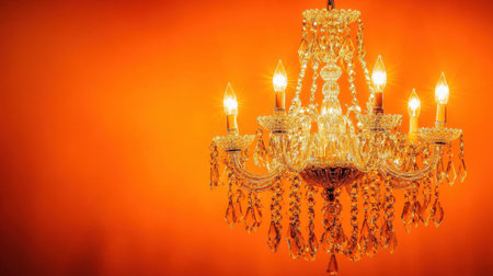 This stunning crystal chandelier features intricate design and warm lighting, creating an inviting ambience against a bright orange wall.の素材