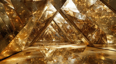 A mesmerizing interior space featuring radiant golden geometry and reflective surfaces. Ideal for projects requiring a luxurious and modern ambiance.の素材