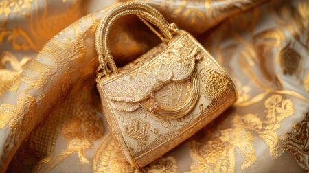 A stunning golden handbag elegantly placed on luxurious satin fabric, showcasing exquisite craftsmanship and intricate details perfect for fashion enthusiasts.の素材