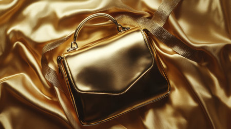 A stunning gold handbag elegantly placed on soft golden satin fabric, reflecting light beautifully, ideal for fashion and luxury themes.の素材