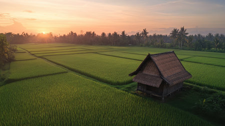 A serene view of vibrant green rice fields at sunset, showcasing a traditional hut surrounded by palm trees, reflecting the beauty of rural agriculture.の素材