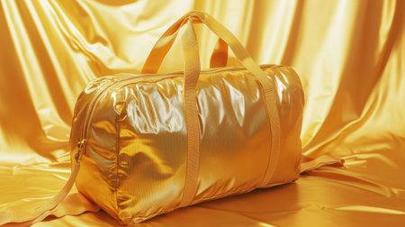 This image features a shiny metallic gold duffle bag placed on smooth golden fabric, creating an elegant and luxurious feel. Perfect for stylish outings.の素材