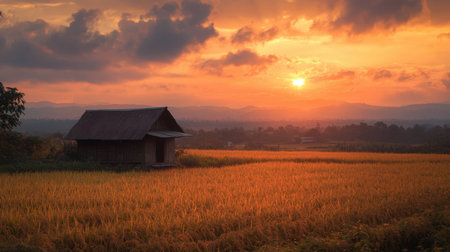 A tranquil sunset casting golden hues over a rice field, highlighting a rustic wooden hut amidst a breathtaking rural landscape filled with serenity.の素材
