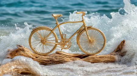 A stunning golden bicycle sculpture rests elegantly on driftwood, gently embraced by ocean waves under bright natural light, capturing a serene beach atmosphere.の素材
