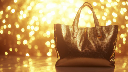 This image features a stunning golden handbag, exuding luxury and elegance, set against a vibrant backdrop of sparkling lights and bokeh, perfect for fashion-focused themes.の素材