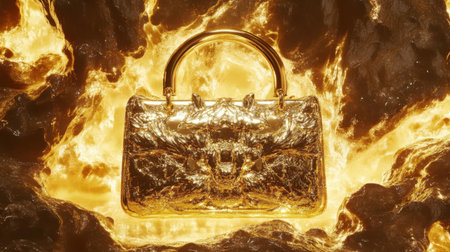 This striking image showcases a golden handbag illuminated by a fiery background, emphasizing its unique texture and luxurious design.の素材