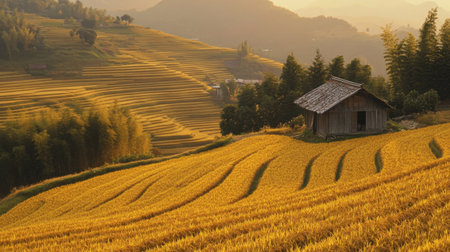 A breathtaking view of golden rice fields at sunrise, featuring a rustic hut against a backdrop of rolling hills. This tranquil rural scene captures the beauty of nature and agriculture.の素材