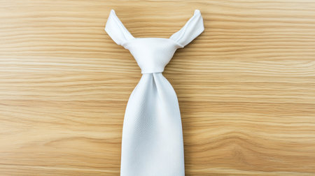 This image features a unique white tie styled on a wooden surface, capturing the essence of elegance and creativity in fashion. Ideal for various themes.の素材
