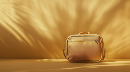 A luxurious golden bag rests on a smooth surface, surrounded by soft shadows that create a warm and inviting ambiance. Ideal for fashion and lifestyle themes.の素材
