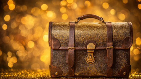 A vintage leather briefcase sits elegantly against a shimmering golden background. This captivating image highlights textures and colors perfect for travel and business themes.の素材