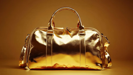 A stunning gold handbag gleaming against a warm yellow backdrop, perfect for showcasing luxury fashion and accessory design in various creative projects.の素材