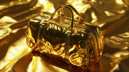This stunning image features a shiny gold handbag elegantly positioned on a glossy golden fabric background, enhancing its luxurious appeal.の素材