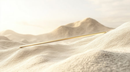 A golden stick rests delicately on soft sandy terrain, illuminated by gentle sunlight. This serene landscape evokes tranquility and beauty in nature.の素材