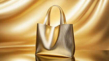 This stunning image features a gold handbag set against a rich golden backdrop, showcasing the elegance and luxury of modern fashion accessories. Perfect for highlighting stylish design.の素材