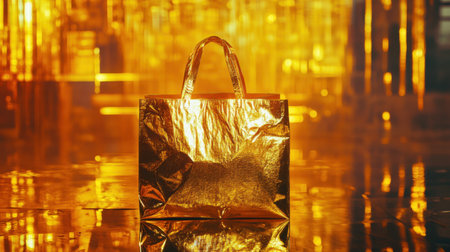 A stunning shiny golden shopping bag stands on a glossy surface, surrounded by vibrant abstract golden lights, perfect for fashion or retail imagery.の素材