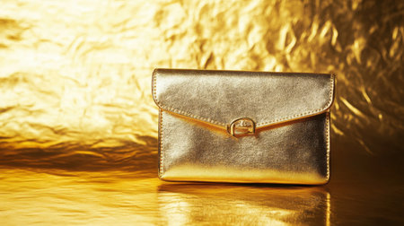 A stunning gold metallic clutch bag placed elegantly on a golden textured background. The soft lighting highlights its luxurious features, making it ideal for fashionable events or special gifts.の素材