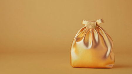 A beautiful golden satin bag sits gracefully on a soft orange background, offering a stylish and luxurious accessory for fashion lovers and brands.の素材