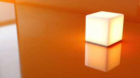This image features a soft glowing cube light resting on a sleek orange surface, showcasing a beautiful reflection suitable for modern interior design and ambiance.の素材
