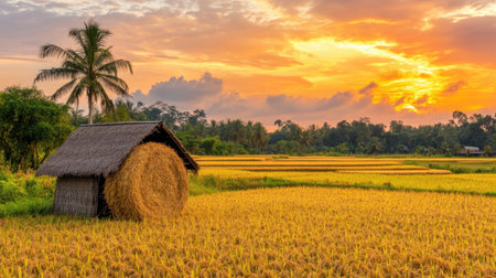 A beautiful sunset casts a warm glow over a serene rice field, featuring a traditional hut and a round hay bale, capturing tranquil rural life.の素材